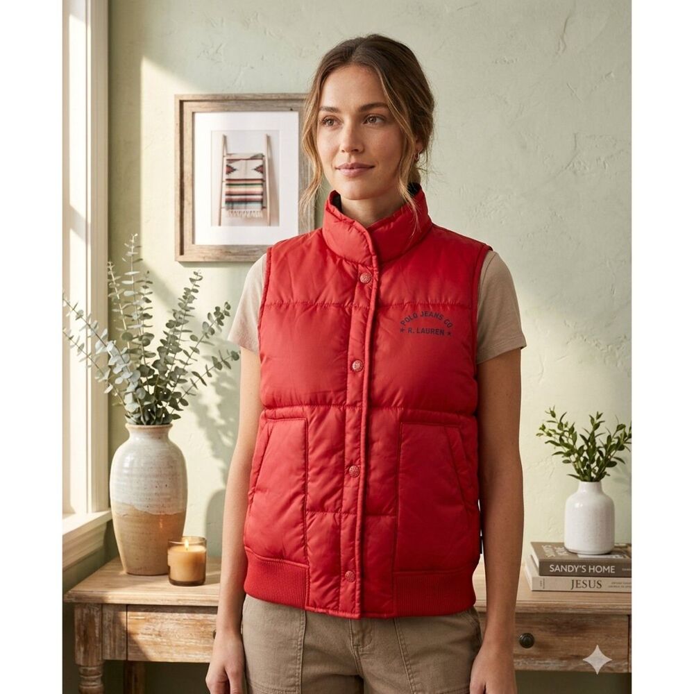 Vintage Polo Jeans Co Ralph Lauren Vest Womens M Red Puffer Full Zip